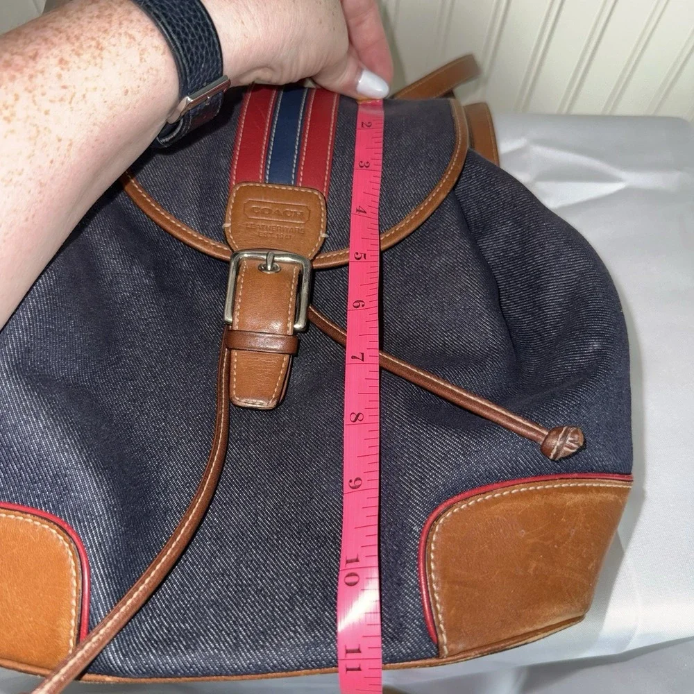 Vintage Coach Denim Blue Chambray Red Brown Leather Trim Backpack Purse 2004